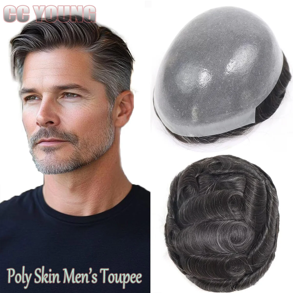 

Poly Skin Men's Toupee Thin PU Hairpiece Real Human Hair Replacement System Natural Male Hair Prosthesis Unit with Gray Hair