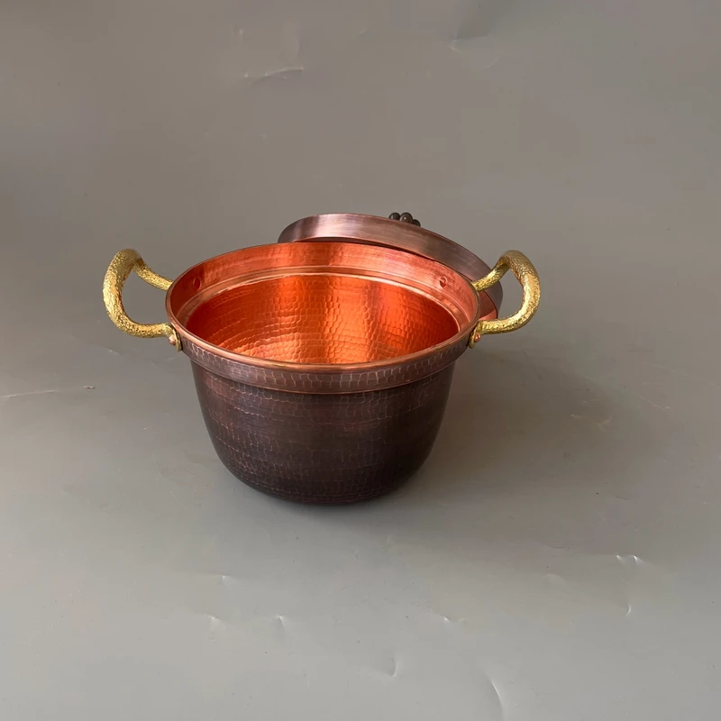 Pure Copper Double Handle Hot Pot Stew Pot Handmade Hammered Retro Style Home Restaurant Use Thick