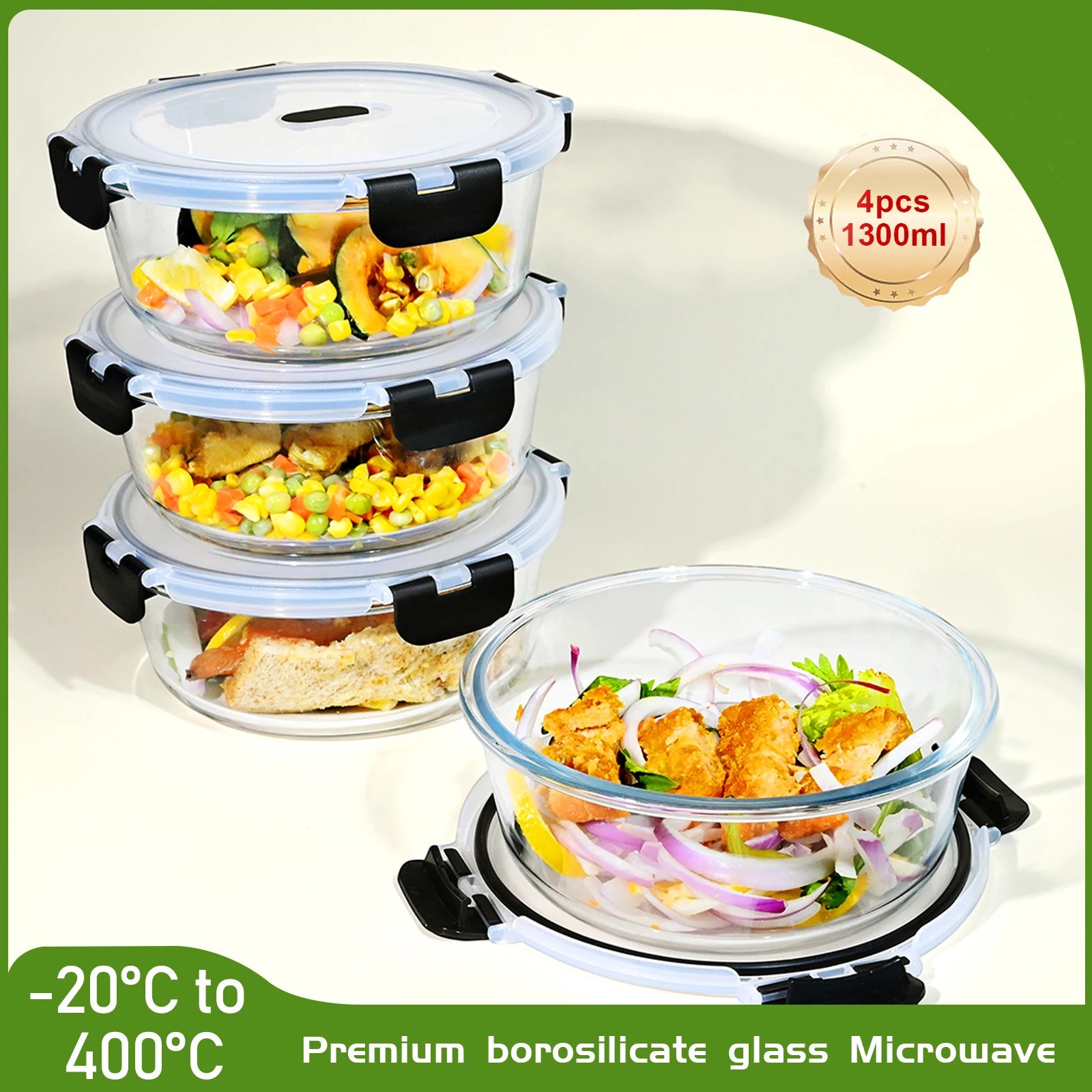SAEIV 1300/620ml Glass Food Storage Containers, Reusable, BPA-Free Food-Grade Glass Bowls with Leak-Proof Sealing Lids
