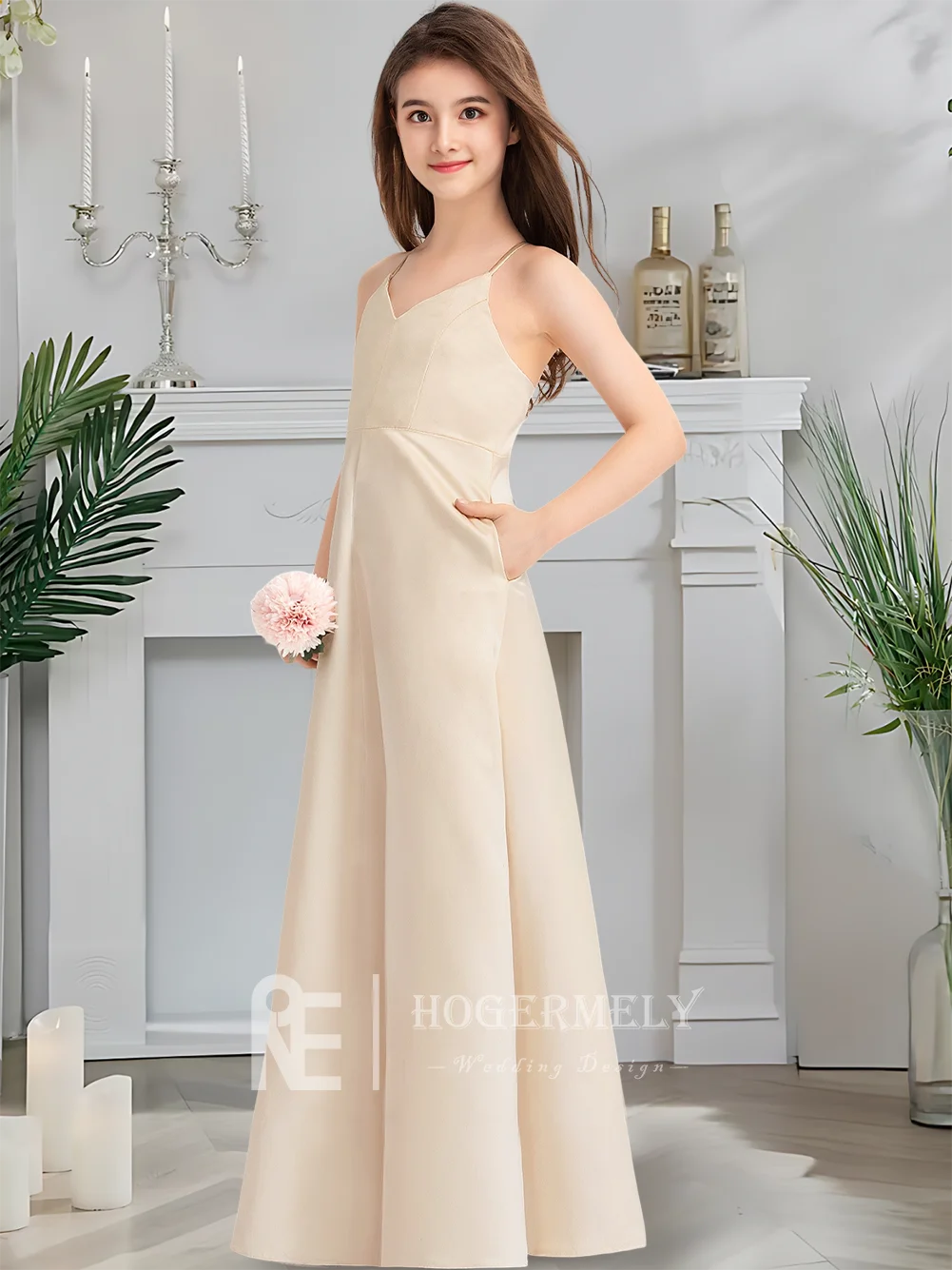 B Шикарное атласное платье трапециевидной формы с v-образным вырезом для подружек невесты, жемчужное платье с цветочным узором для девочек, выпускное платье длиной до пола для летних гостей