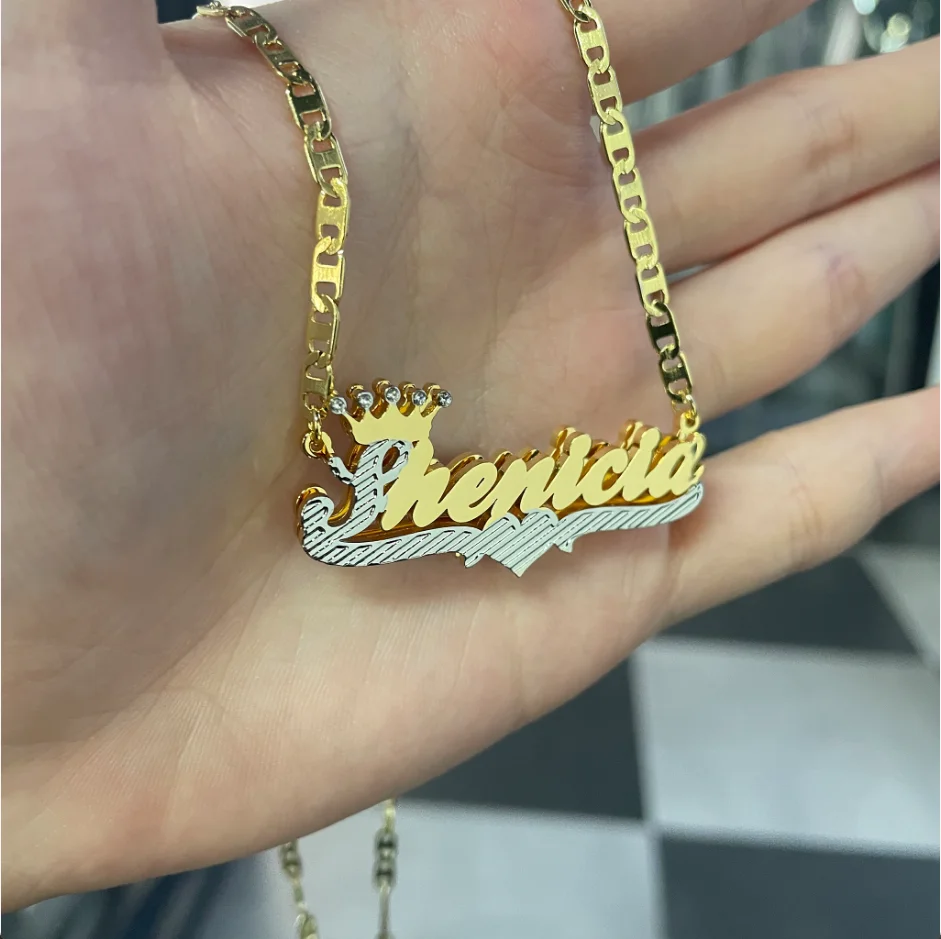 

Customized Name Necklace With Crown 18K Double Plated Necklace Two-Tone Nameplate Stainless Steel Jewelry2022 For Women