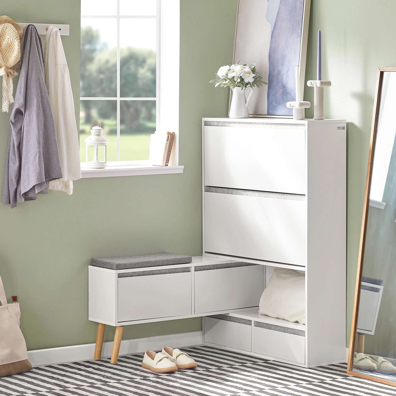 SoBuy FSR134-W Étagère à chaussures avec 2 rabats, 2 portes et 2 tiroirs Armoire de couloir avec banc Banc Banc à chaussures avec siège