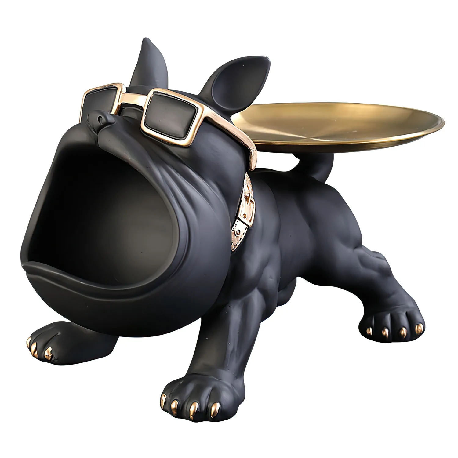 Deko-Schale für französische Bulldogge, schwarz, aus Kunstharz & Edelstahl (30×17×19,5 cm)