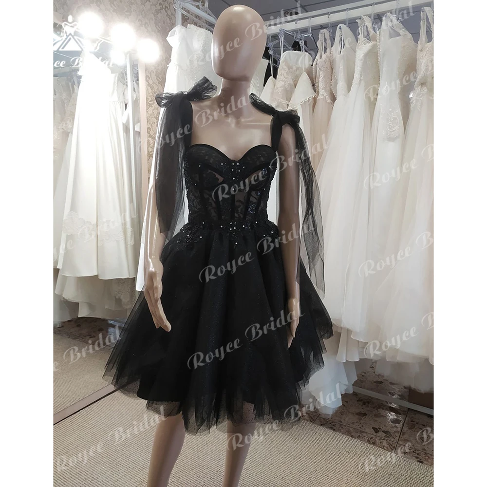 Vestido de casamento sexy preto com renda para mulheres, espartilho querido, laço para cima, corpo de beading, curto, cintas de espaguete, arco, vestido de noiva