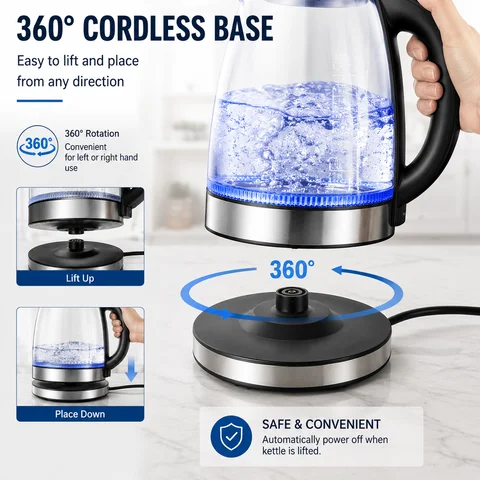 1.7L Electric Glass Kettle, Fast Boiling Water Boiler, BPA-Free Borosilicate Glass Tea Kettle, Auto Shut-Off & Boil-Dry Protection, Stainless Steel Base for Home Office