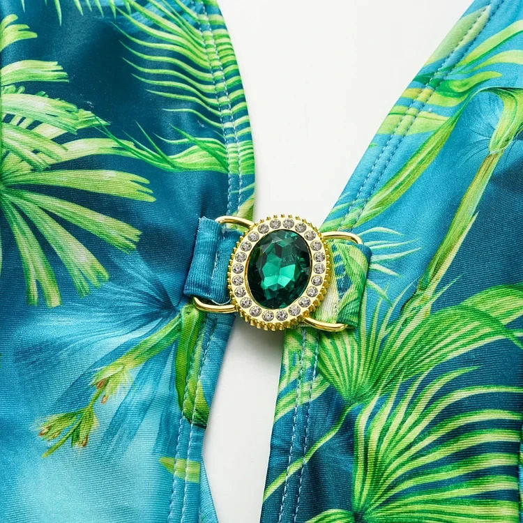 2024 Women Ruffled Jungle Green Print One Piece Swimsuit and Skirt Swimwear 2PC Summer Bathing Suit