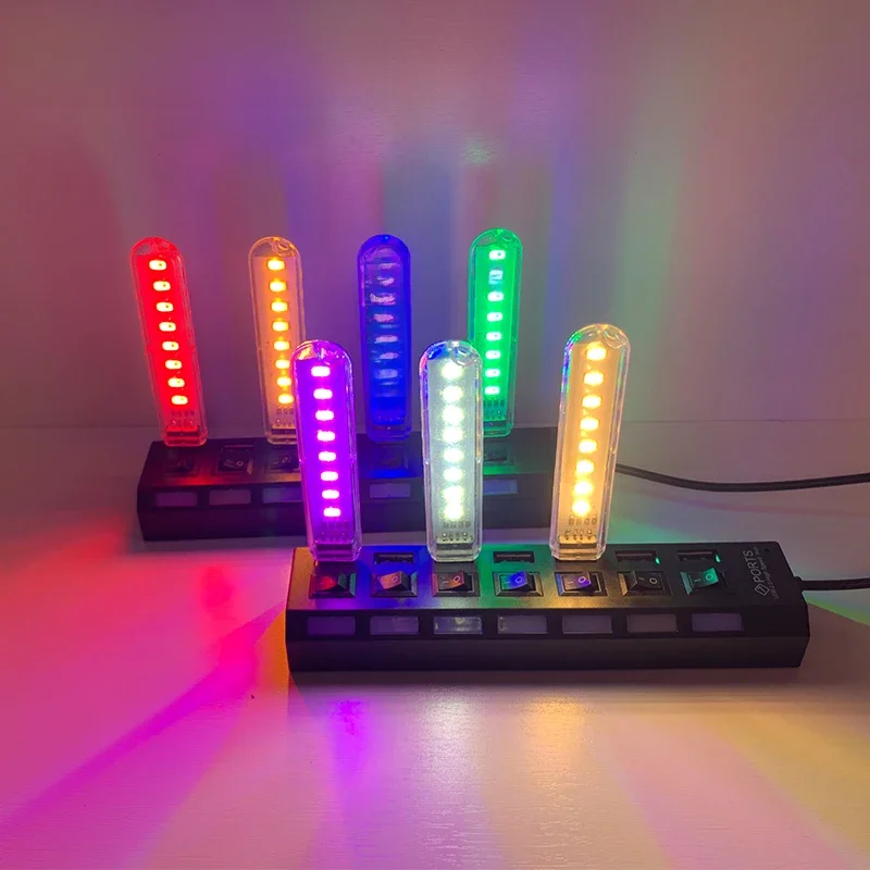 Petite lampe USB à 8LED, dc 5v, 4W, rouge vif, jaune, blanc, bleu, vert, violet, Protection des yeux, idéal pour un bureau ou une chambre à coucher