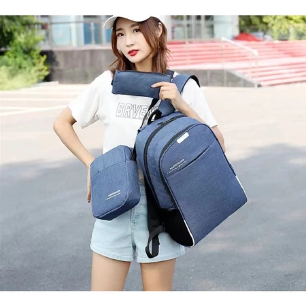 Kit 3 Peças Mochila Estojo Bolsa Lateral Unisexx Confortável Versátil E Grande Capacidade