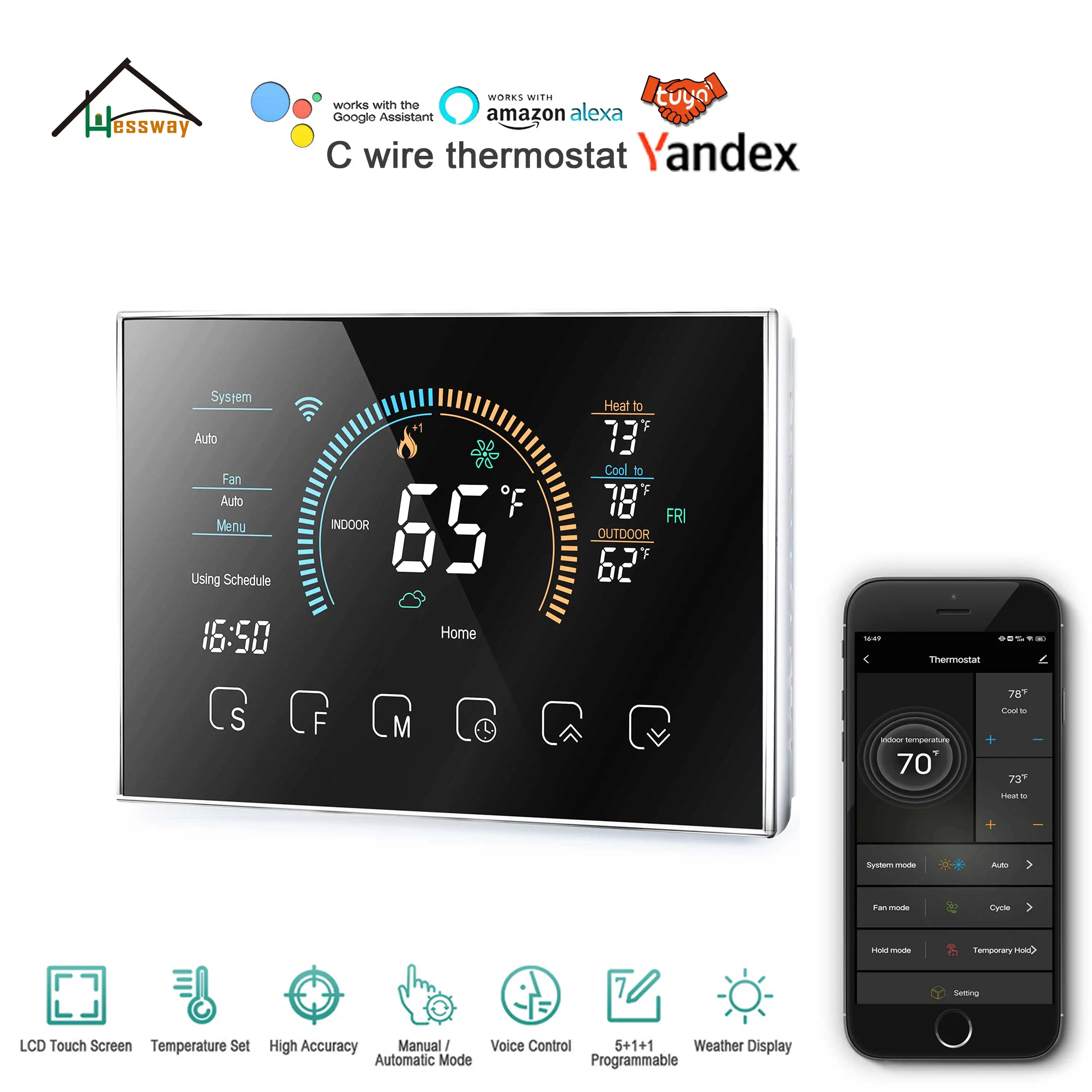 24V C Wiring Thermostat Heat Pump for HVAC System W C G Y R Connect Smart WIFI Remote Control