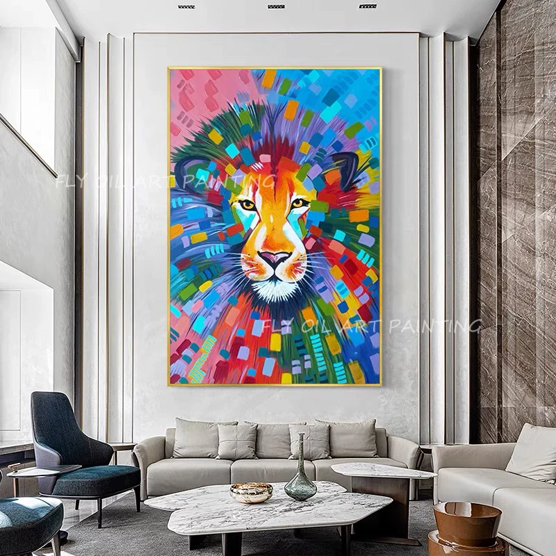 

colorful lion face hand painted handmade simple pure oil paintings on canvas wall decoration gifts no framework as a gift