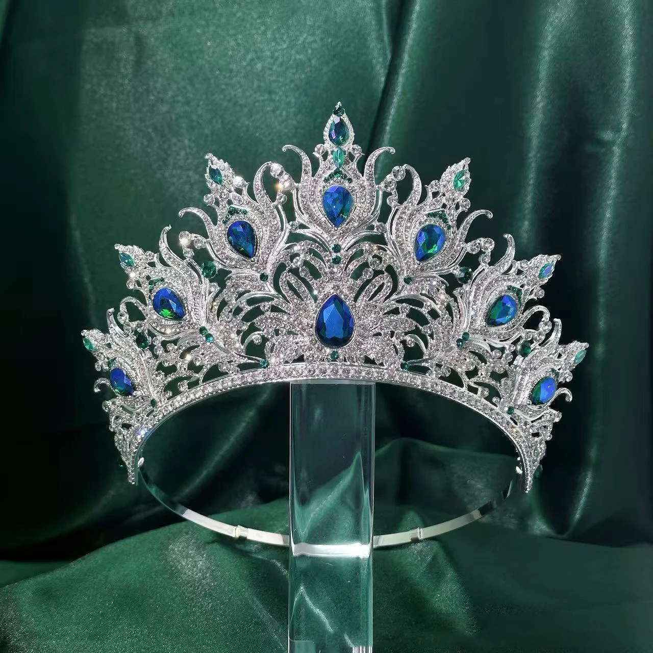 Luxury Blue Peacock Newest Baroque Hair Crown Rhinestone Sparkling Headpieces Queen Princess Miss World  Tiara Accessories