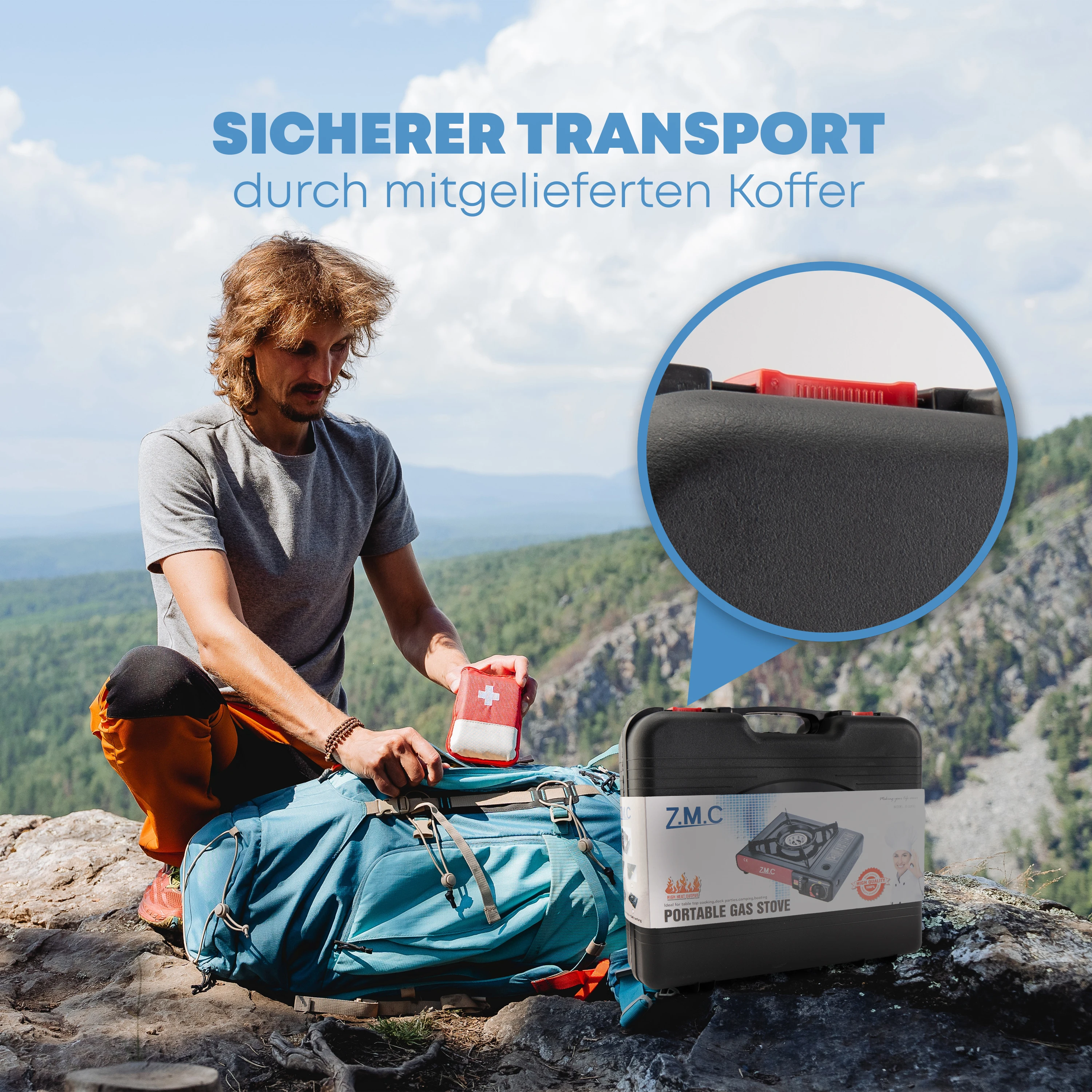 ZMC Gaskocher 1-flammig inkl. 4 Butan Gaskartuschen 227g und Adapter für LPG + Aufbewahrungskoffer, Campingkocher für Outdoor und Innenraum, Campinggaskocher 2,2 kW mit Piezozündung – Detail 3