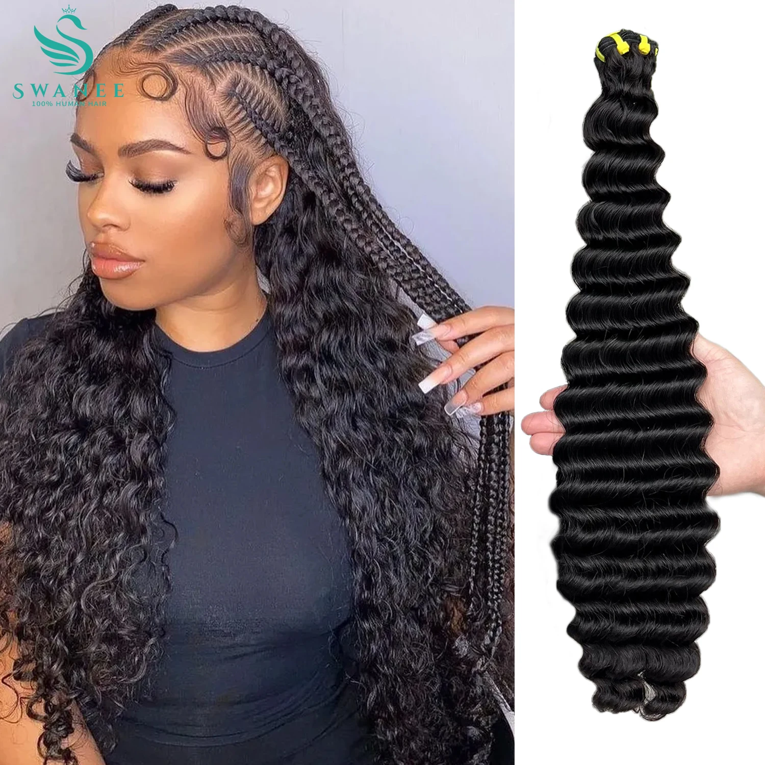 SWANEE Deep Wave Indian Remy Raw Virgin Weaving 100% Human Hair Loose Curly Water Wave Natural Hair Bundles Extensions For Women