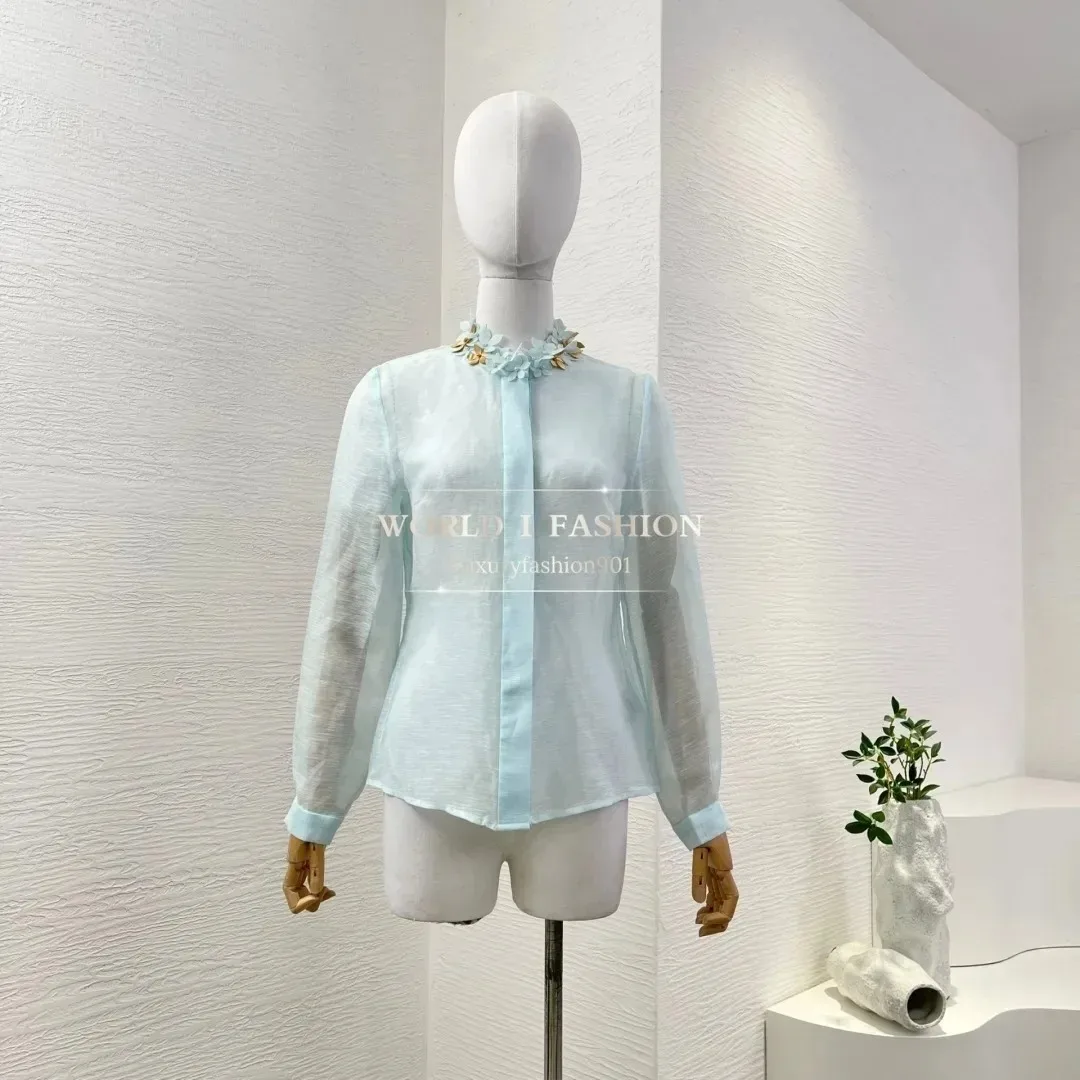 

Long Sleeve High Quality Blue Flowers Appliqued At Neck Blouse Tops