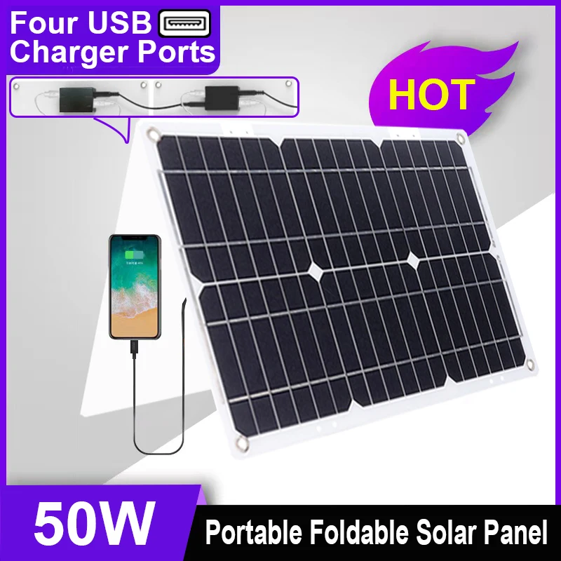 50W 18V Monocrystalline Solar Panel, 4 USB Charging Ports, Semi-Flexible Solar Battery Panel for Outdoor Power, Solar Energy