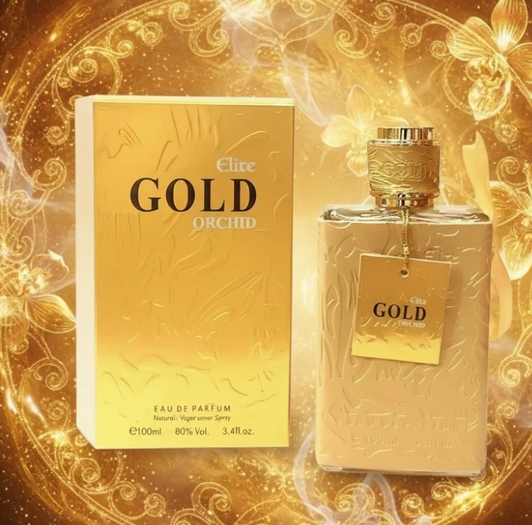 Gold Orchid Elite Eau de Parfum pour Femme 100 ml - Fragrance Couture. Parfum élégant aux accords floraux, sucrés et vanillés, combiné à des notes chaleureuses et boisées pour un arôme intense et sophistiqué.