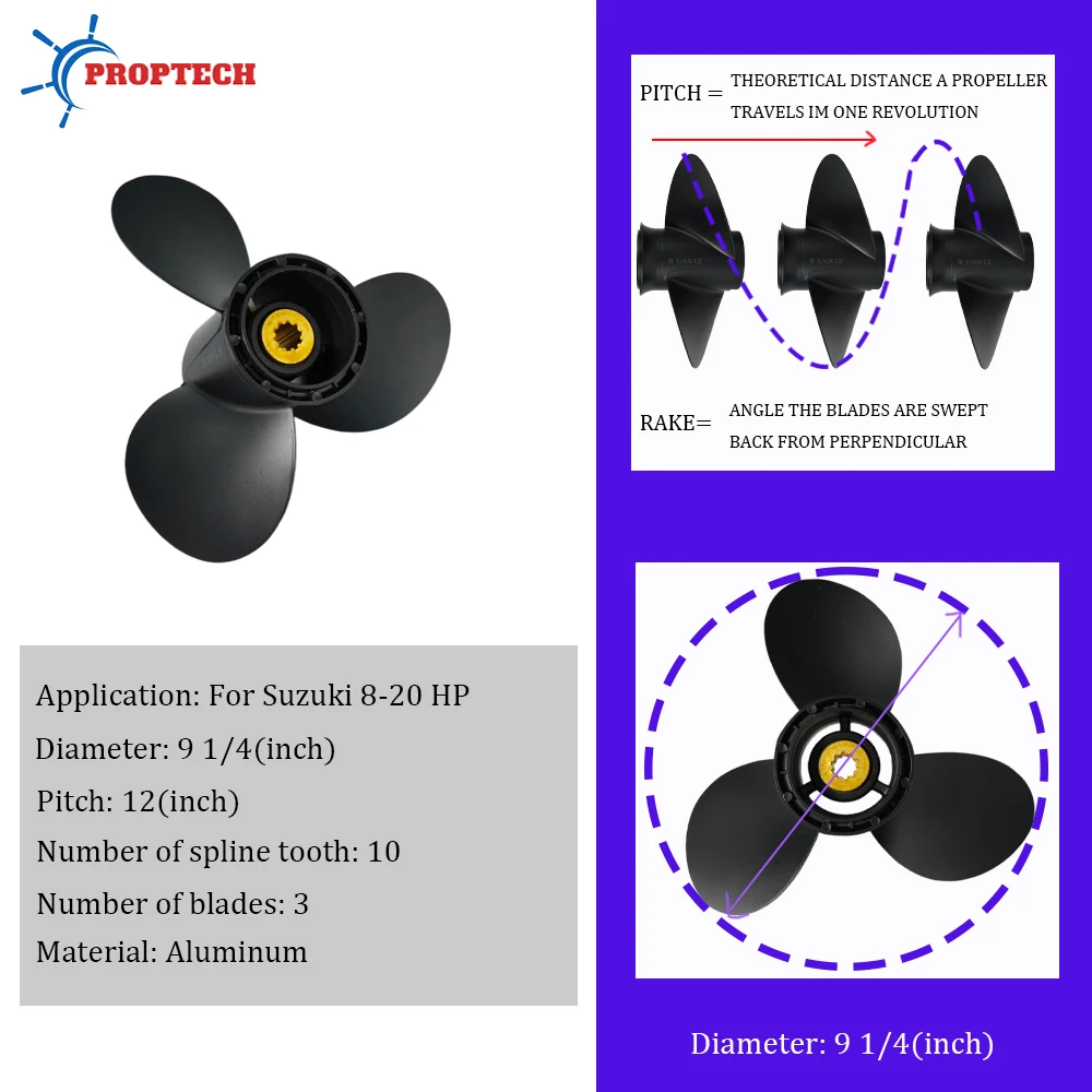 9 1/4*12 Outboard Propeller For Suzuki 8hp 9.9hp 15hp 20hp Boat Motor 58100-89L50-019 3 Blade 10 Spline Aluminum Alloy Screw