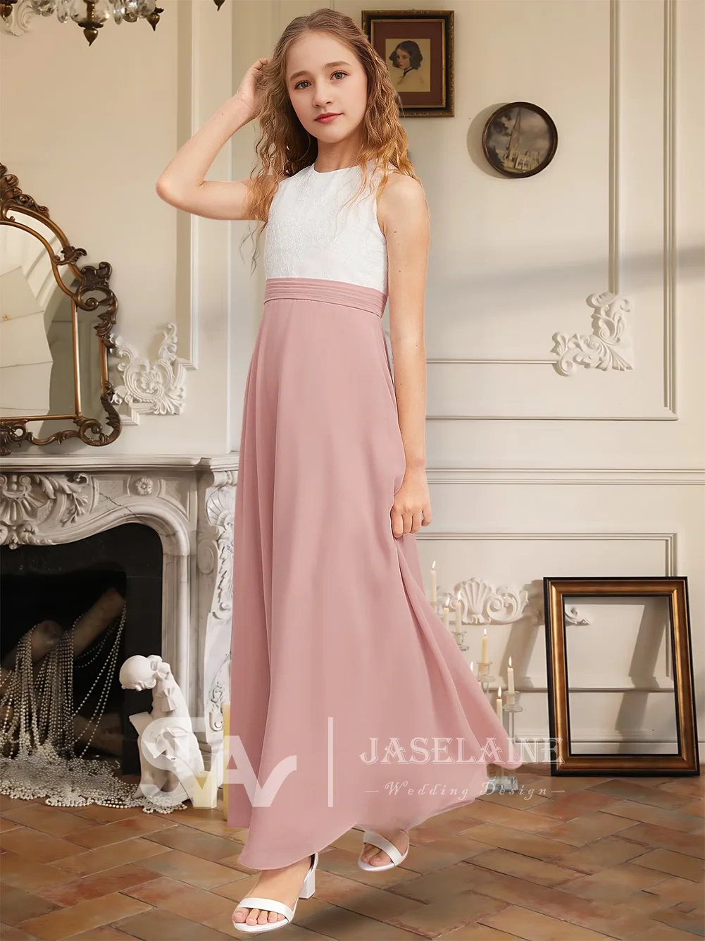 A Elegant A-Line Scoop Floor-Length Chiffon Lace Junior Bridesmaid Dress Flower Girl Dress With Lace Girls Party Formal Wedding