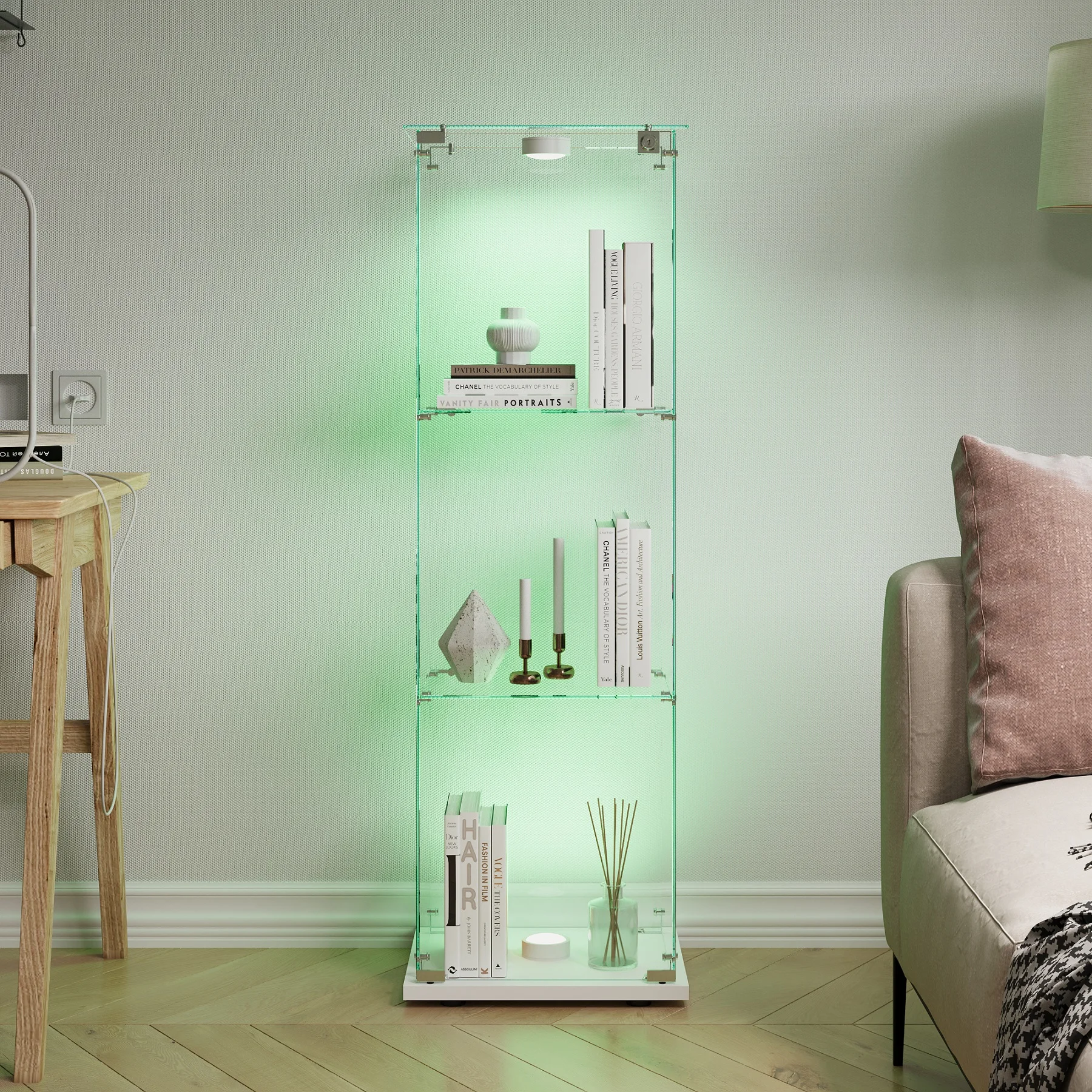 Glasvitrine 40 x 35 x 123 cm, beleuchtete Vitrine für Sammlungen, 3-lagige Vitrine mit Tür und Schloss