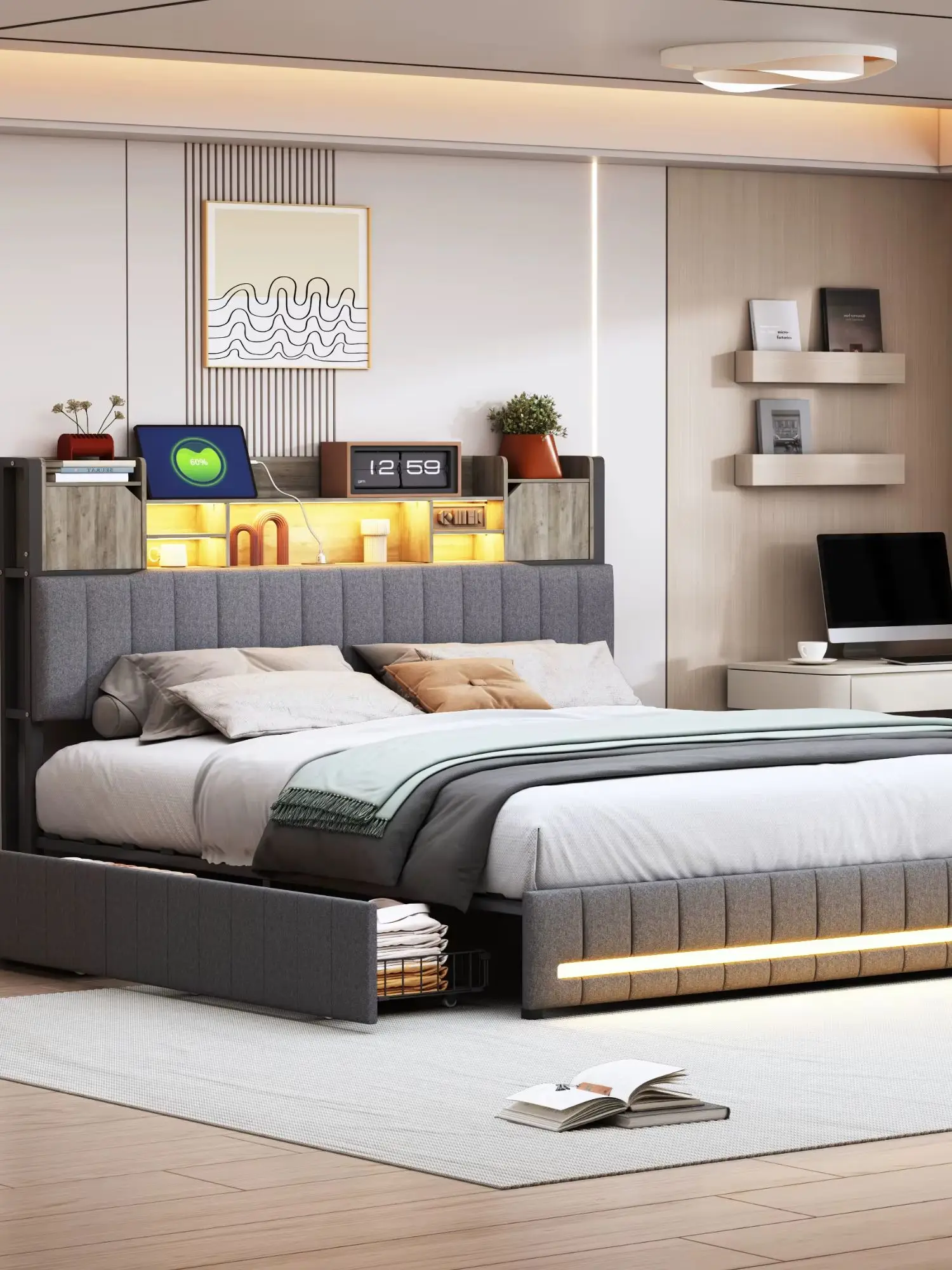 Bett mit Stauraum, gepolstertes Doppelbett mit LED-Beleuchtung, USB-Anschluss und Schubladen, Kopfteil mit Staufunktion, geeignet für Erwachsene und Jugendliche, in verschiedenen Größen erhältlich,