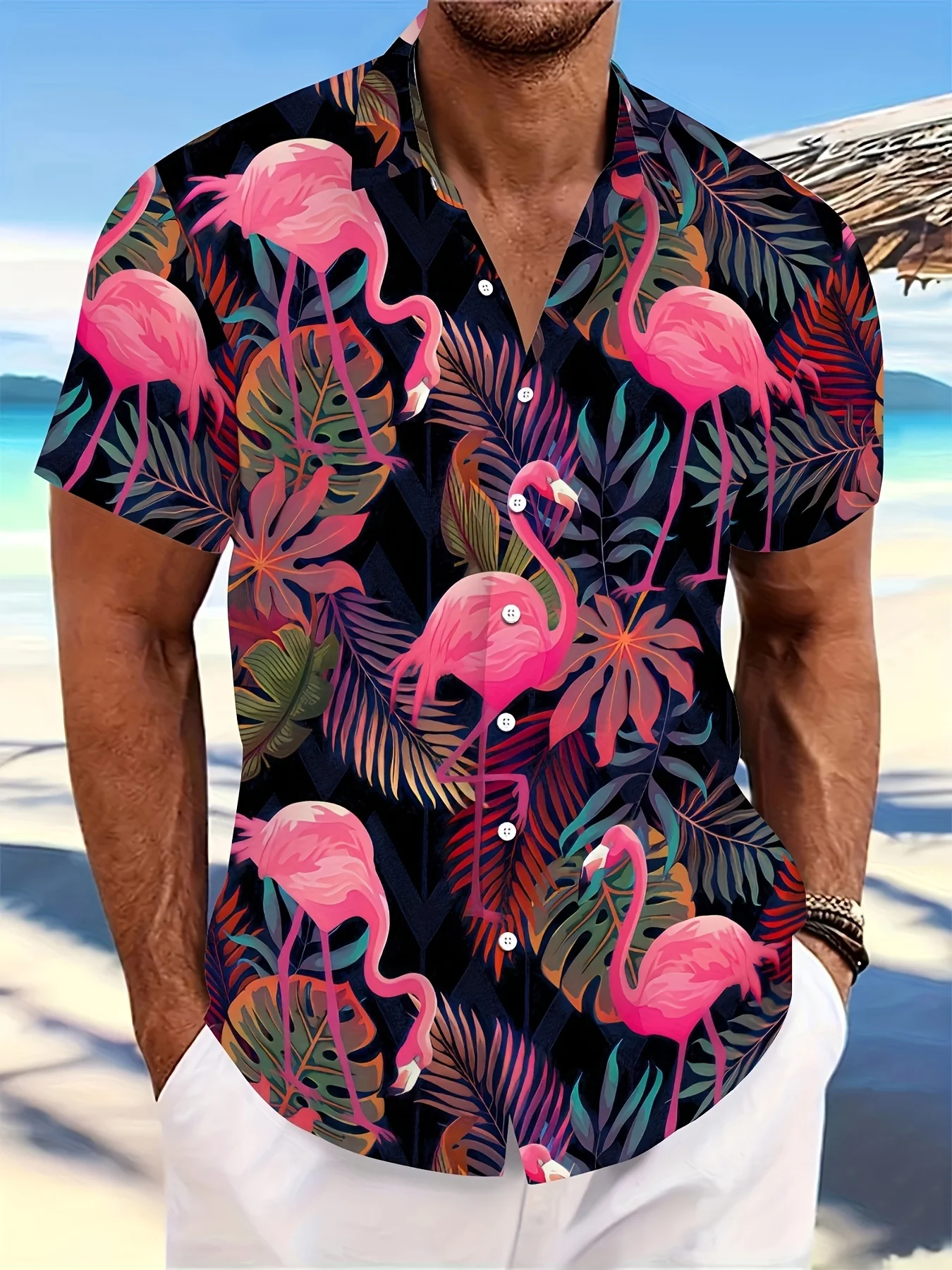 

Good-Looking Flamingo Pattern Printed Men Shirt Classic Fashion Short Sleeve Lapel Tees Male Hawaiian Oversized Clothing