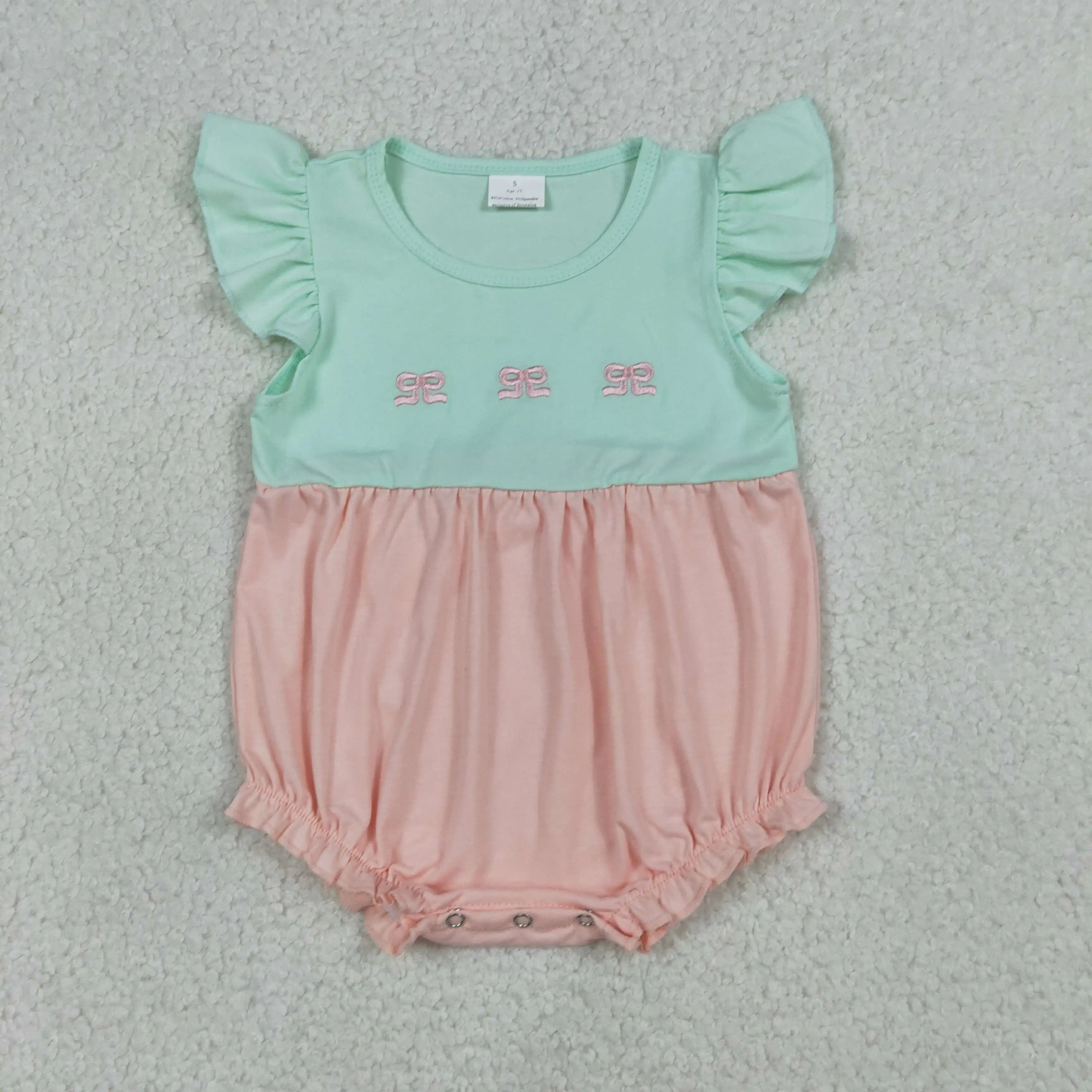 

SR3895 New summer Rts Embroidery Bows Baby Girls Flutter Sleeve Patchwork Ruffle Rompers