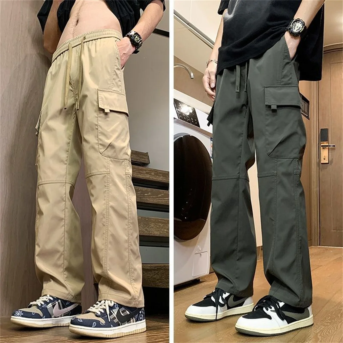 Sommer-Cargohose für Herren, gerader Schnitt, mit vielen Taschen, für Arbeit und Freizeit, lässige Jogginghose, modisch, im High-Street-Stil, für Outdoor-Aktivitäten, atmungsaktiv, locker geschnitten. – Detail 2