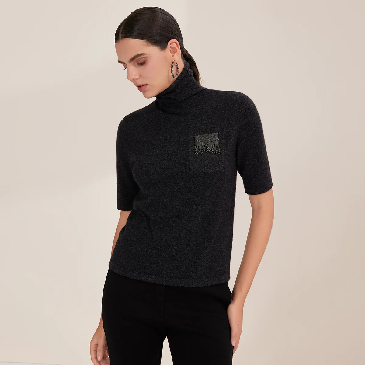 BY3521300 Women's Premium 100% Cashmere Knit Top High-End 12-Gauge Short Sleeve Turtleneck Sweater