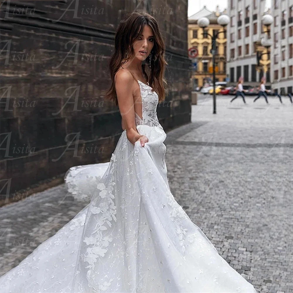 Robe de mariée trapèze à col en V personnalisée, bretelles spaghetti, appliques en dentelle, adaptée aux patients, quel que soit le dos ouvert, train de balayage, robe éducative