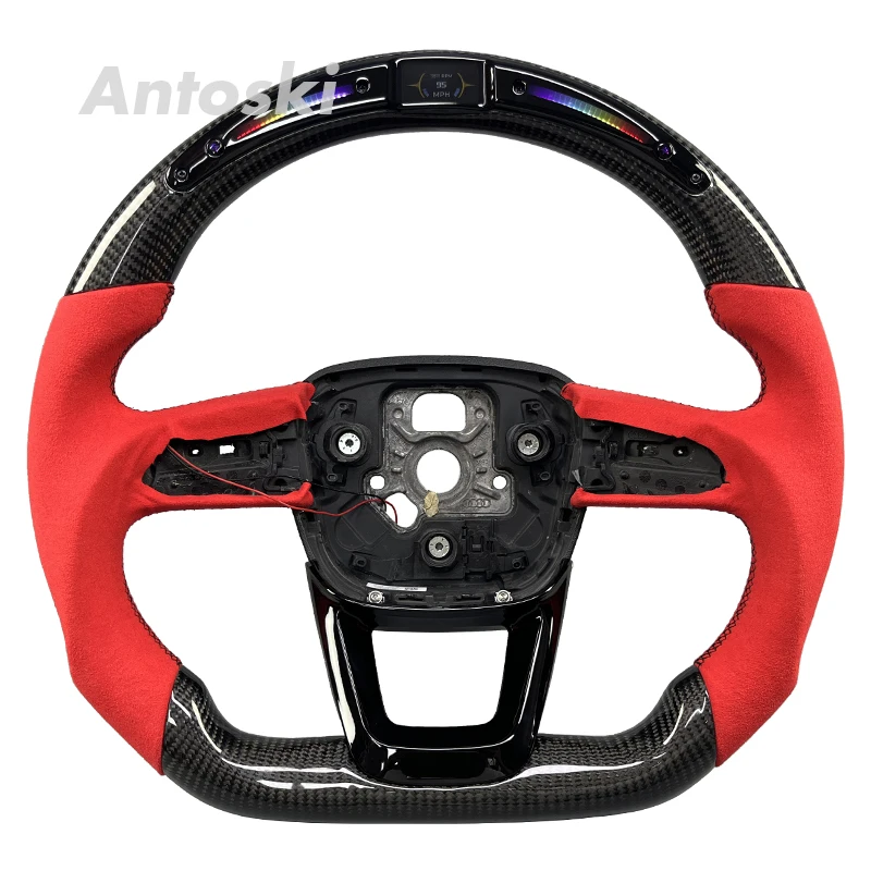 

For Audi A3 A4 A5 A6L A8 Q5 Q7 Q8 TT B8 B9 C8 Custom Red Suede Real Carbon Fiber Steering Wheel with Smart LED Display