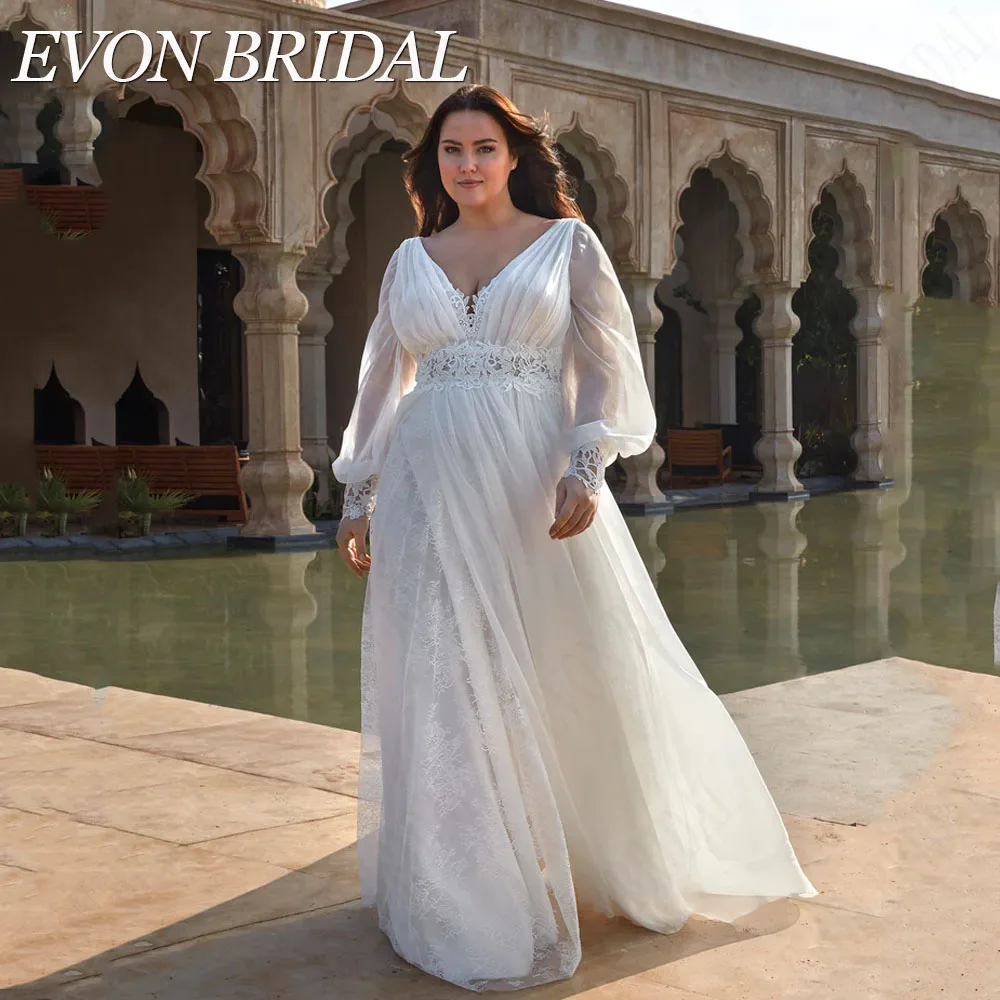 

EVON BRIDAL Civil Lace Wedding Dresses Plus Size Puff Sleeves Backless Chiffon Bridal Gowns Vestidos De Novia Talla Grande