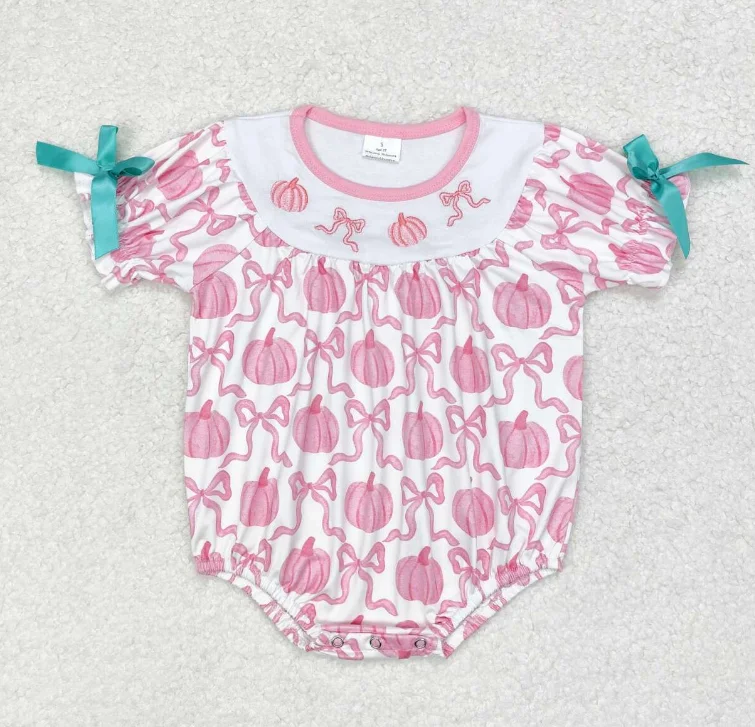 

Baby Girl Pink Bows With Pumpkin Wmbroidery Rompers Infant Kids Fall Embroidery Pumpkin Bubble Rompers