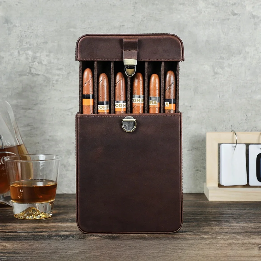 Luksusowe oryginalne skórzane przenośne etui na cygara kabura podróżna Humidor 3/6 uchwyt torba do przechowywania cygar Outdoor Vintage skóra bydlęca — zdjęcie produktu 7