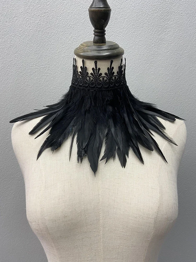 Schwarz Feder Choker Kragen Sexy Spitze Frauen Hals Abdeckung Punk Cape Schal Partei Cosplay Natürliche Feder Mit Spitze Gefälschte Kragen