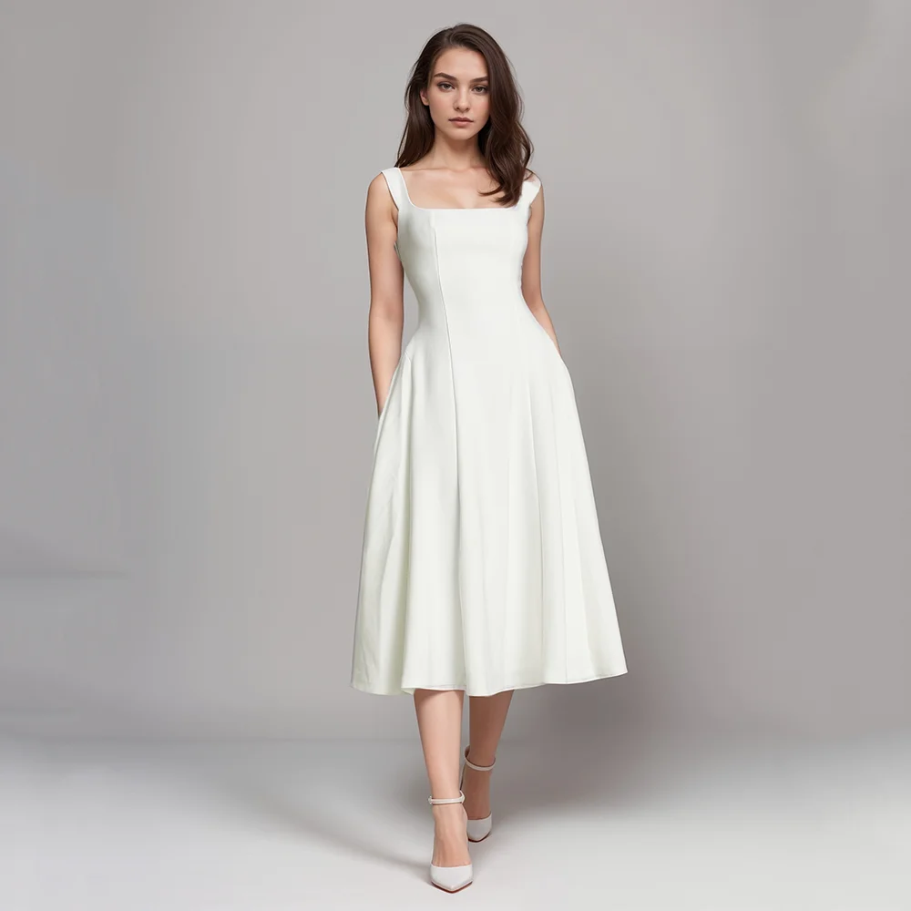 

Simple Brides Dress Square Collar Tea Length Wedding Party Dress Elegant 2025 Summer Bridal Gown Bride Wedding Dress Customized