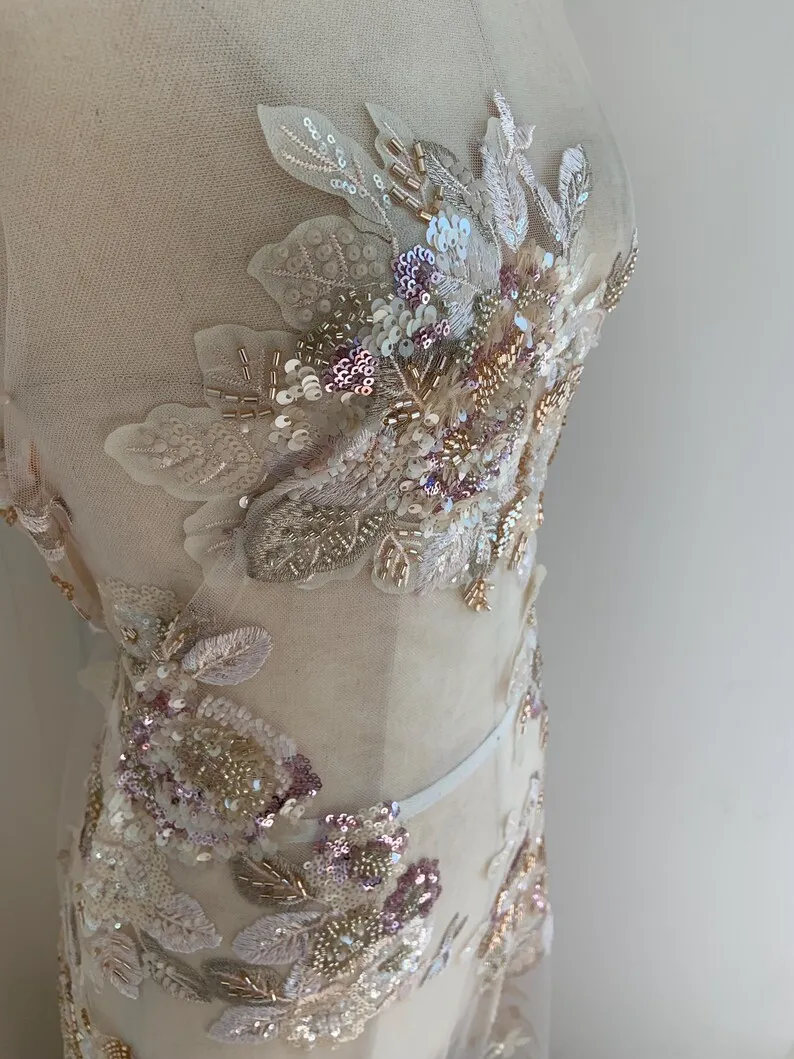 

1 yard Luxury Champagne Beaded Lace Fabric 3D Flower Embroidered Tulle for Bridal Gown Evening Dress