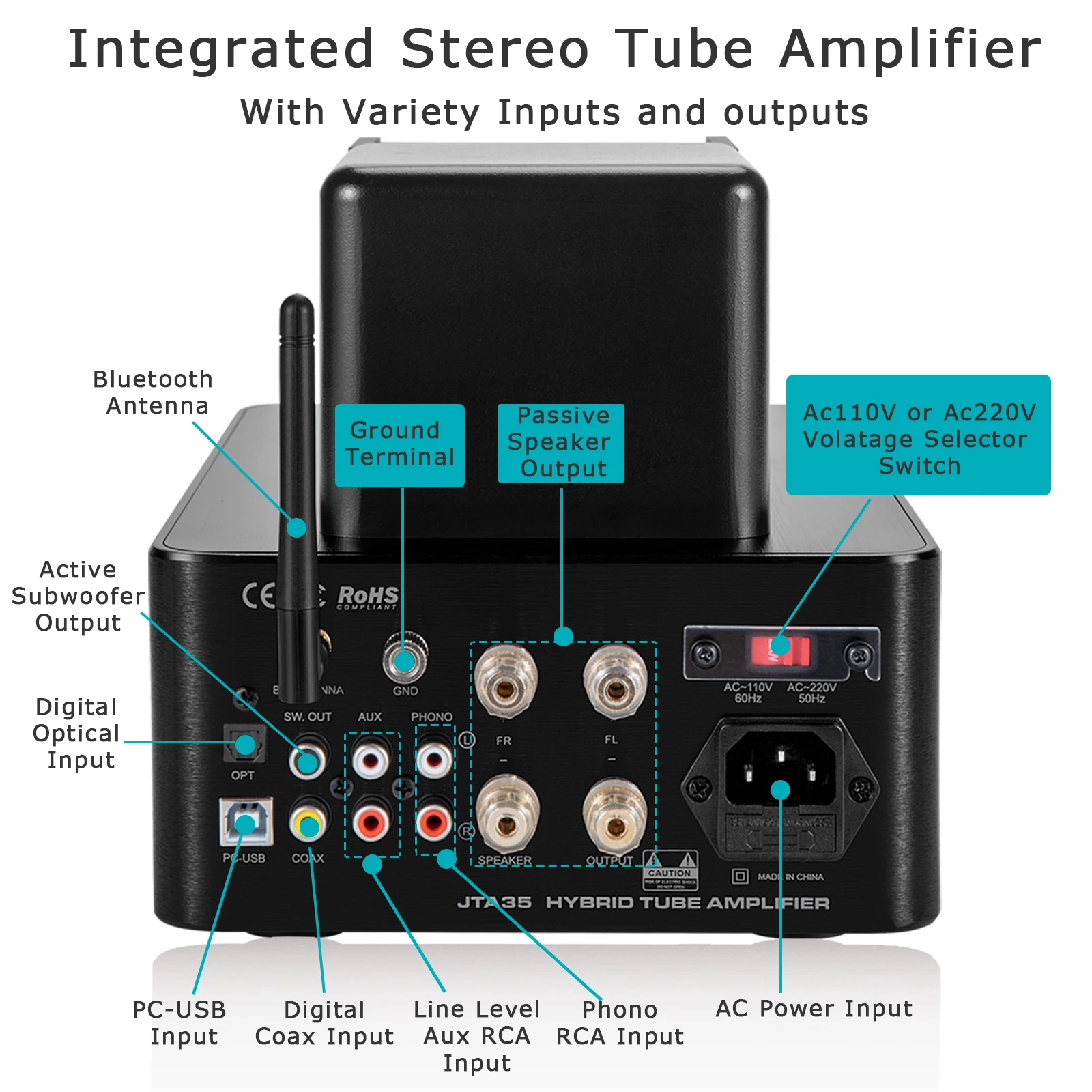 JTA35 HiFi Vacuum Tube Amplifier, Remoto, Híbrido, Início Valve Receiver, Phono Preamp, USB DAC, Em Auscultadores, Saída Subwoofer, Áudio, Áudio