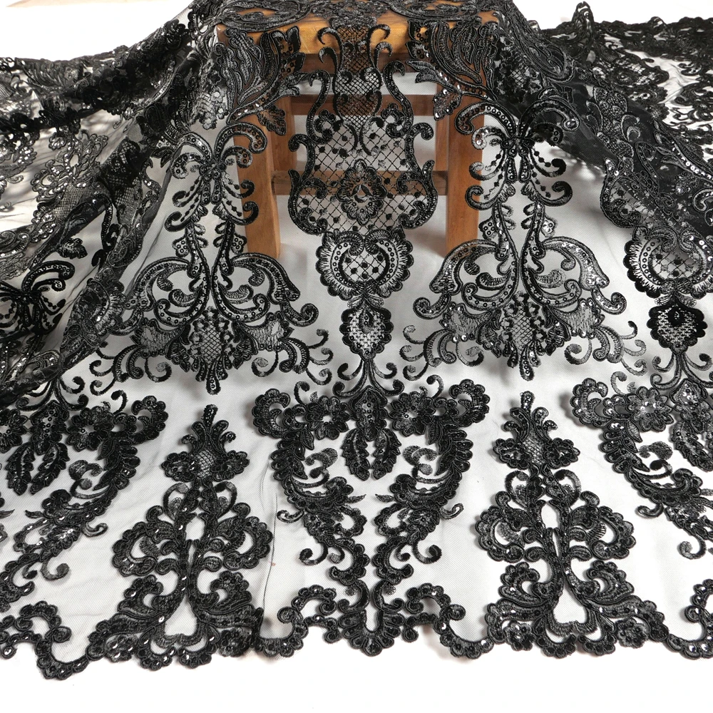 HelluyerDc Sequins Carded Lace Fabric Black Gold Ivory Big & Small Patterns Embroidery for Wedding Prom Dress Easy to Use