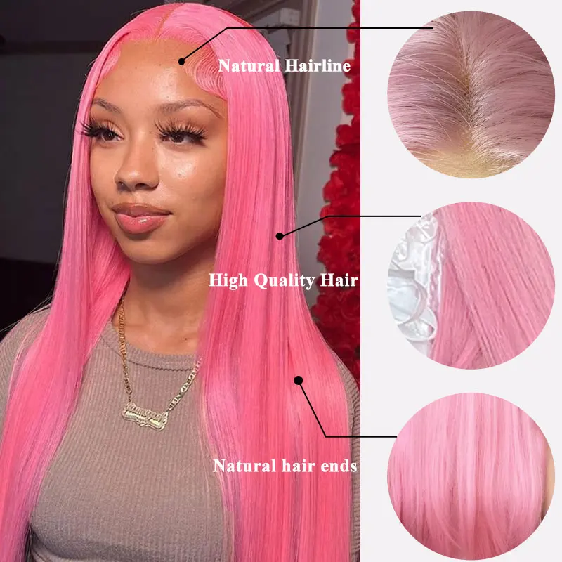 Pink Synthetic Long Straight Wig with Bangs for Women Cosplay  Colored Wigs Natural Hair Heat Resistant Fibre Party Daily