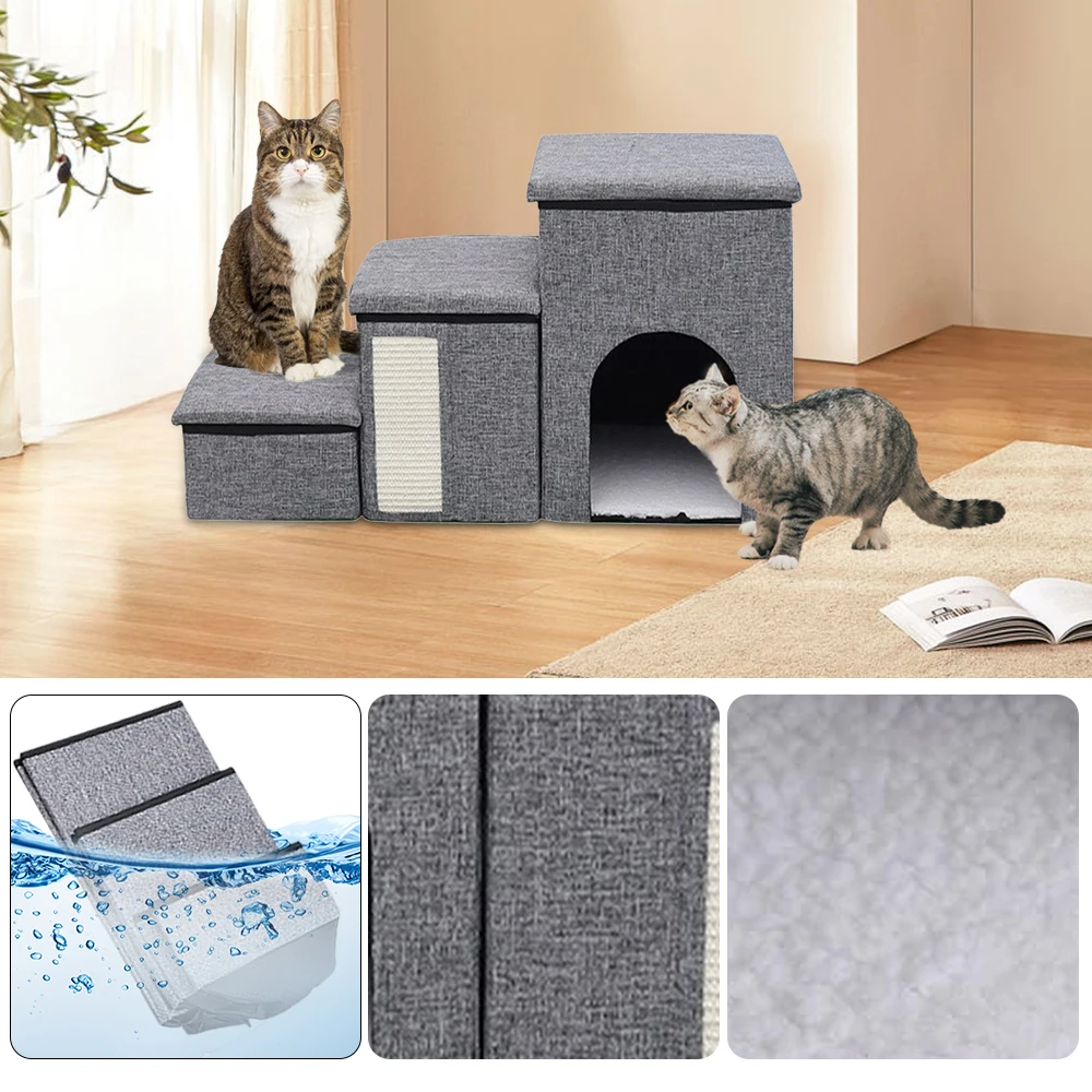 "Escalier chien chat 3 marches multifonction gris avec griffoir sisal et rangement intégré"