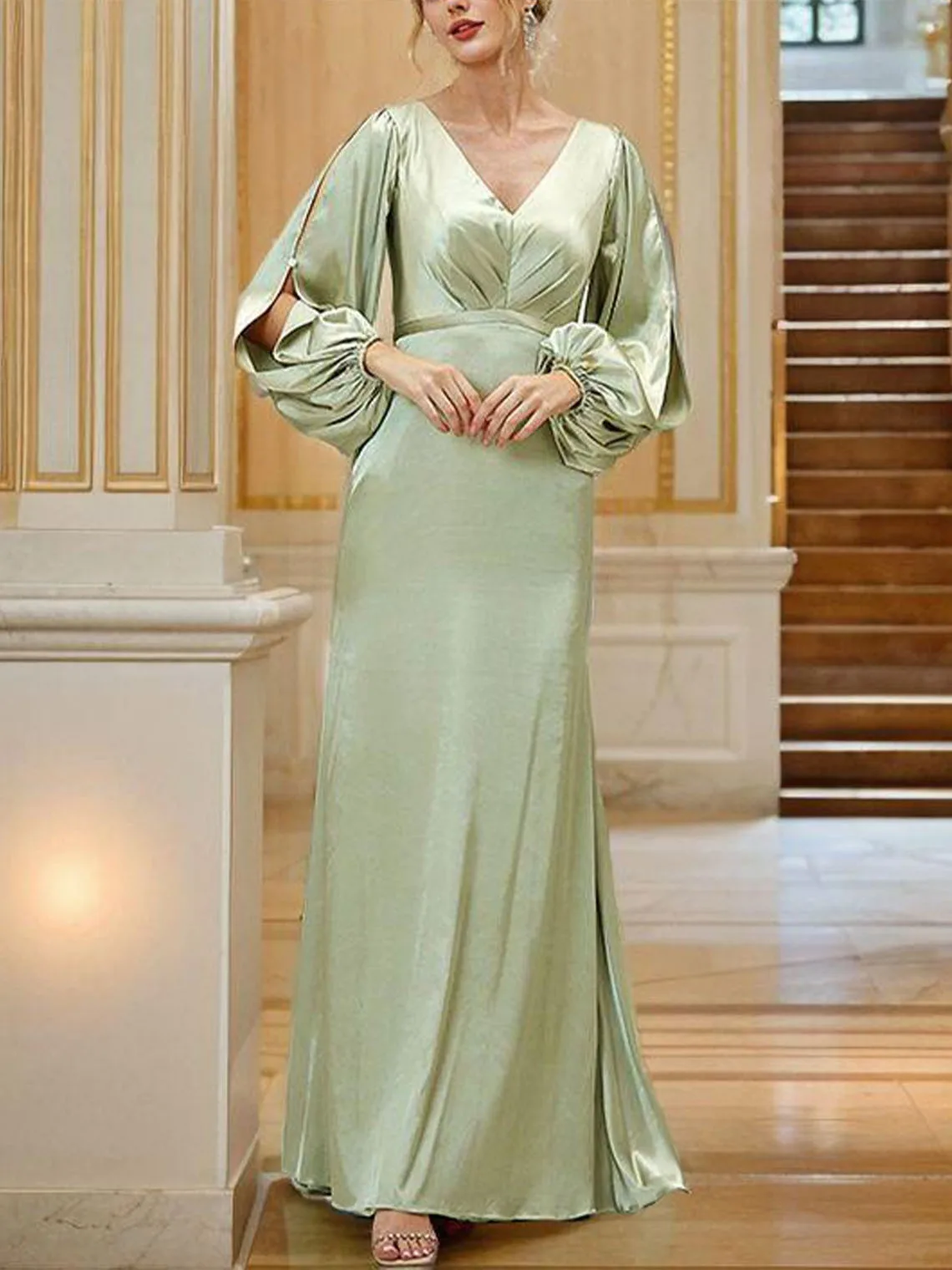 

Elegant Satin Sheath Column V-neck Long Sleeves Floor-Length Bridesmaid Dress with Ruffles Solid Prom Dress 2025 free customized