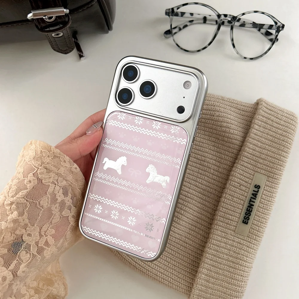 

Pink silver-edged Trojan Fair Isle mobile phone case, suitable for iPhone 15/14/16/17ProMax, cute new shockproof protective case