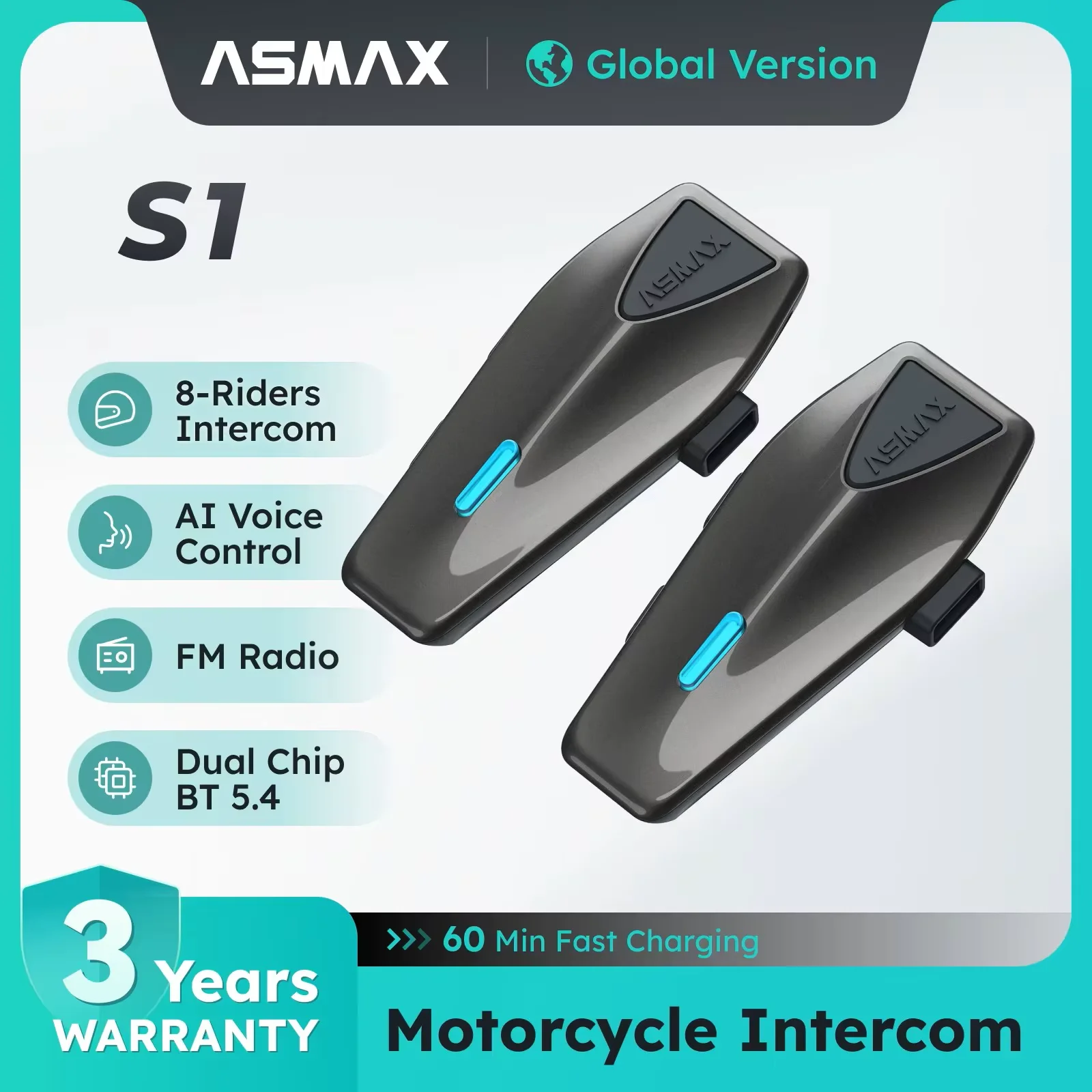 Image of ASMAX S1 Motorrad-Intercom Globales Mesh-Gruppensystem, Sprachsteuerung, HD-Audio, IPX7, ENC-Mikrofon & App-Konnektivität