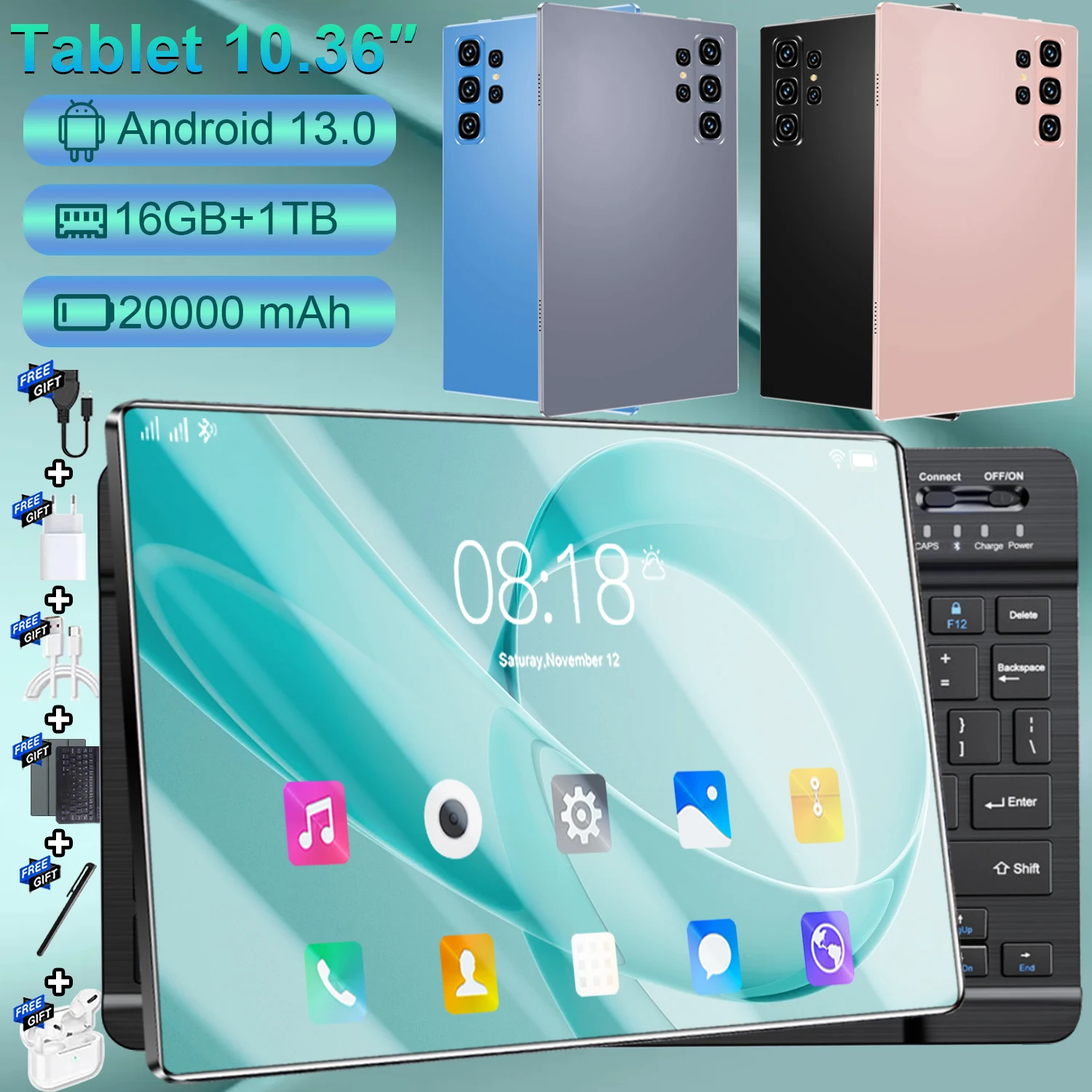 Tablette tactile haut de gamme 10,36 pouces Android 13 14 cœurs, 16 Go + 1 To de stockage, batterie 20000 mAh, double SIM 5G et Wi-Fi, appareils photo 16 MP et 32 MP, tablette tactile fine pour les trajets quotidiens et les loisirs en intérieur
