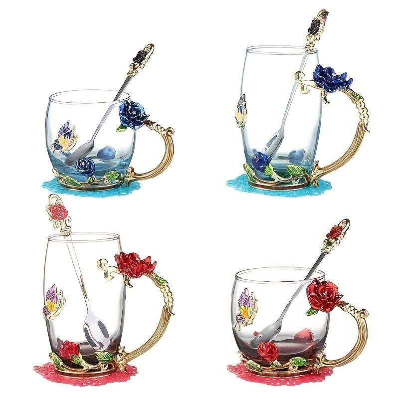 

Elegant Glass Tea & Coffee Cup with Enamel Rose and Butterfly Design Includes Spoon Perfect for Gifts or Decoration