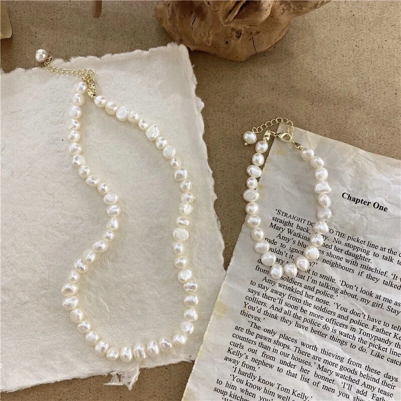 

Vintage Baroque Pearl Necklace and Bracelet Set for Women