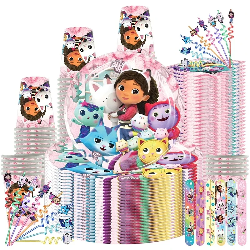Maison de poupée Gabby rose, décoration d'anniversaire, vaisselle jetable, ballons, tasse, figurines de maison de poupée Gabby pour enfants, fournitures de fête