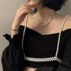 Winter Sexy Shoulder Bare Pearl Top Suitable for Women's Black Clothes Handmde Bead Harness Chain