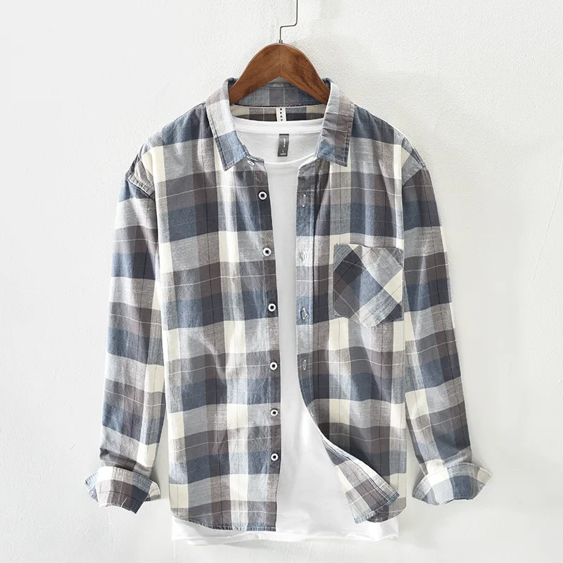 Men Casual Shirts Plaid Single Breasted Long Sleeve Plus Size 3XL Loose Korean Chic Fashion Oversize All-match Thin Outwear BF