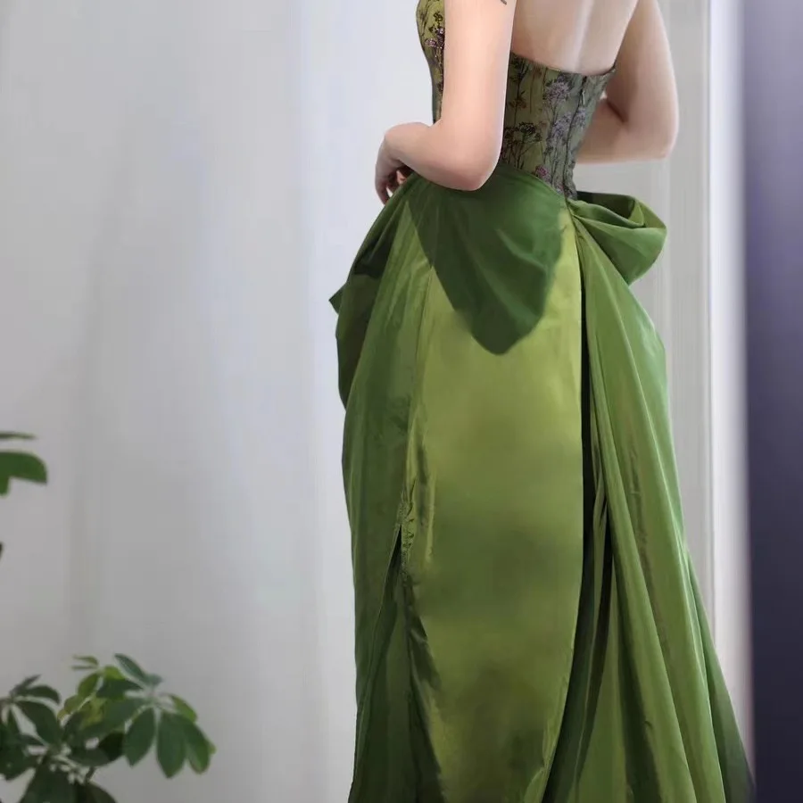 Green new Chinese style morning gown dress toast dress bride engagement dress long tube top